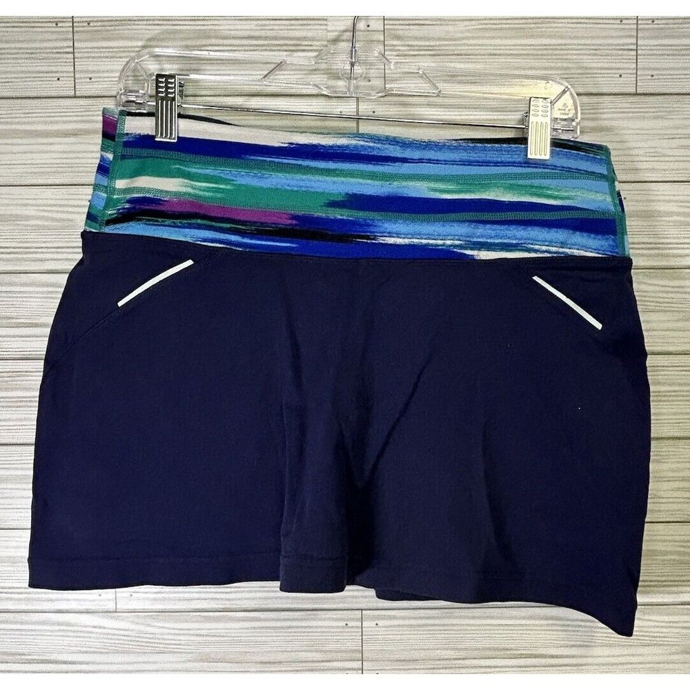 Athleta Grenade Relay Skort Airbrush Navy With Blue/Purple/Green Band Sz M